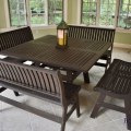 L02. Square patio table with four benches. 53" x 53" 